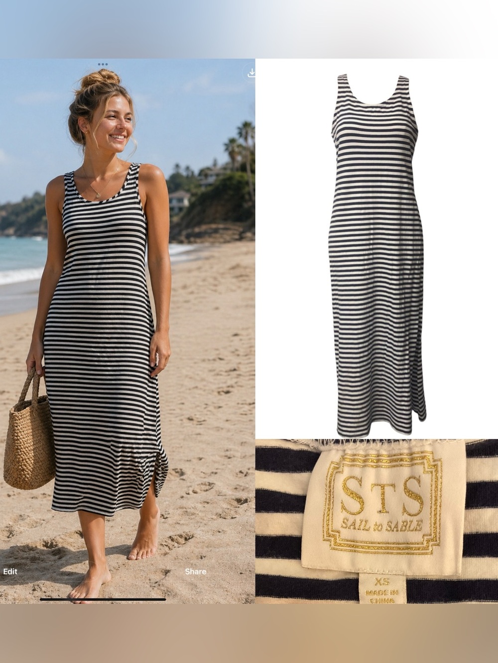 SAIL TO SABLE MAXI DRESS RACER BACK TANK BLUE WHITE STRIPE SLITS COTTON BLEND XS